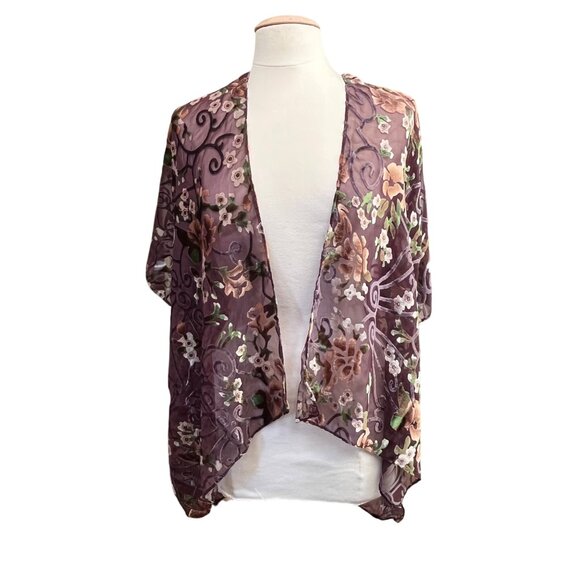 Floral Sheer Burnout Velvet‎ Purple Open Front Kimono Cardigan By Lulla OSFM - Picture 2 of 8